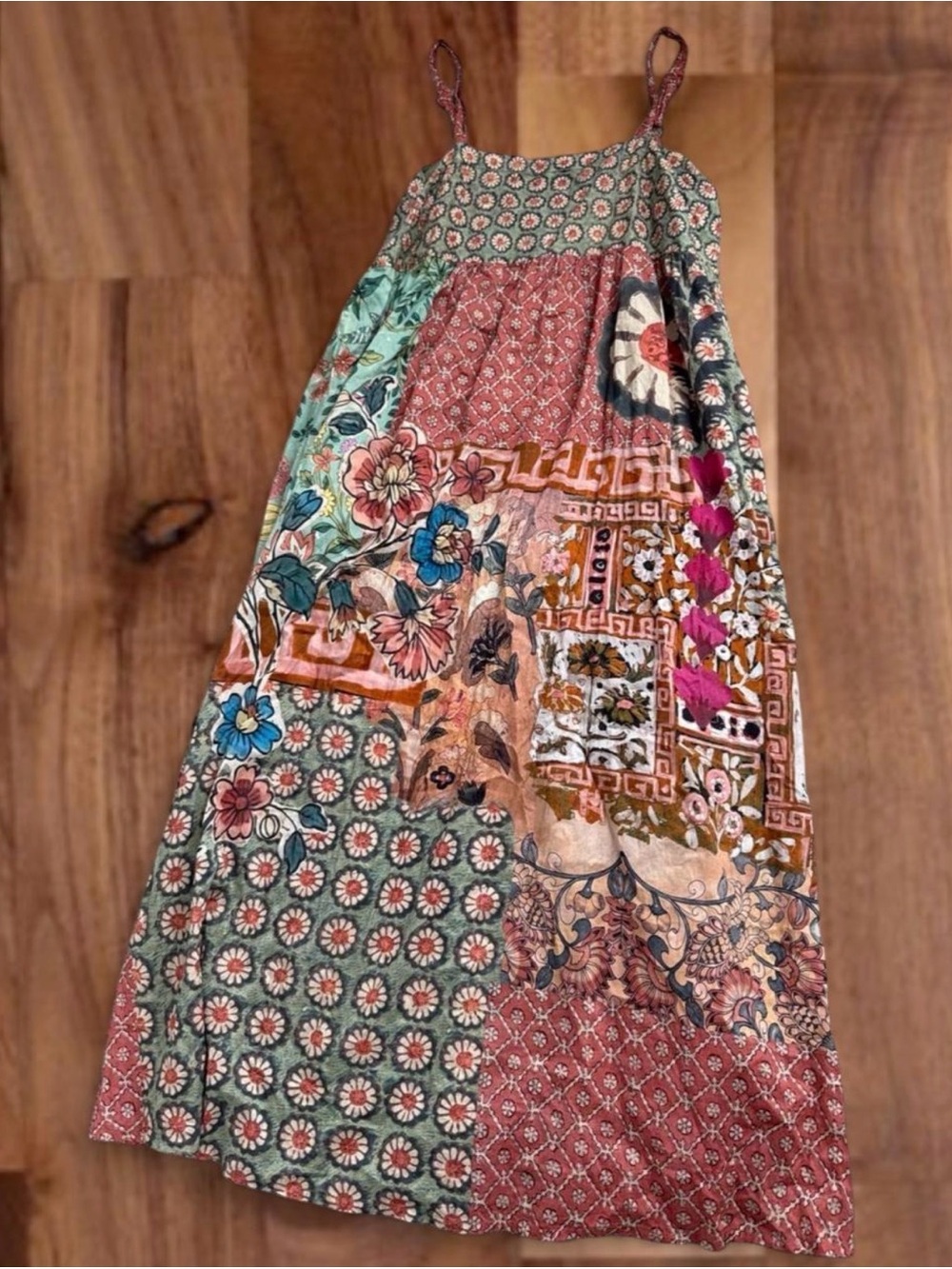 NATURAL LIFE Patchwork Floral Maxi Dress in Green, Pink & Blue